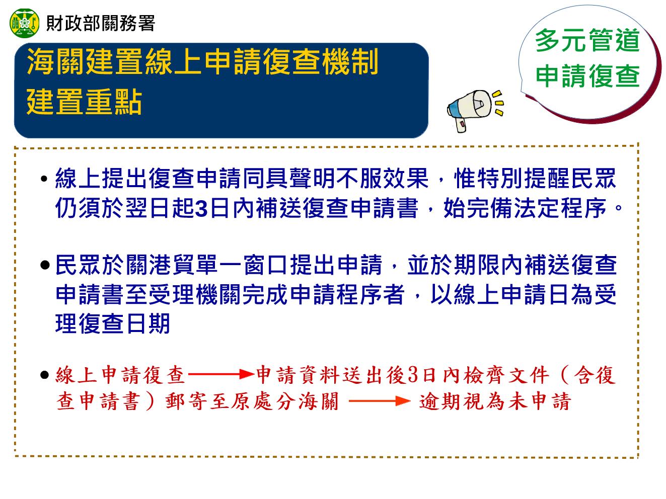 海關建置線上申請復查機制，提供民眾多元申請救濟管道