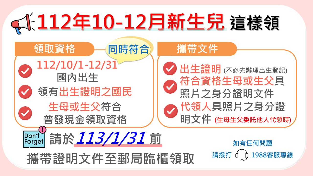 112年10月1日至12月31日國內出生新生兒這樣領1