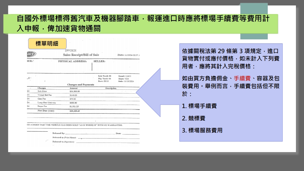 自國外標場標得舊汽車及機器腳踏車，報運進口時應將標場手續費等費用計入申報，俾加速貨物通關